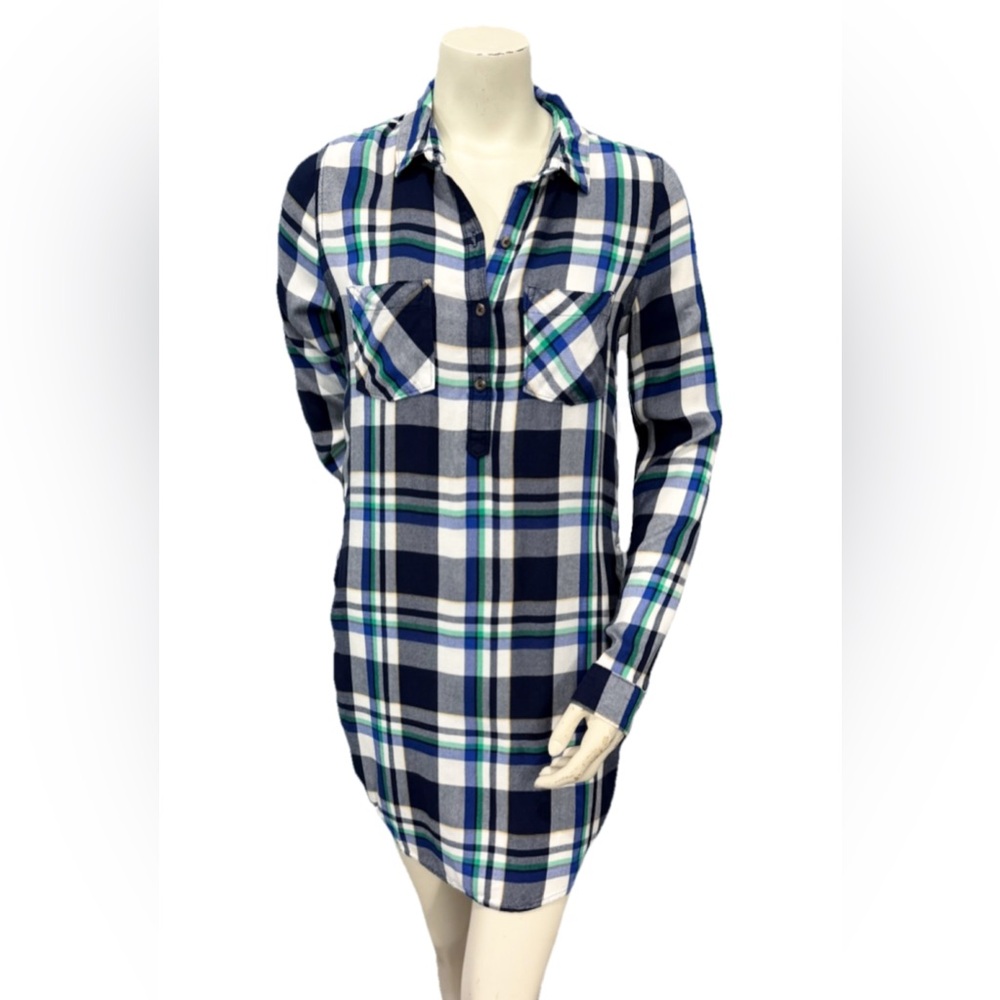 Women’s Plaid Shirt Dress SO Size M Blue Green White Long Sleeve Button Tunic